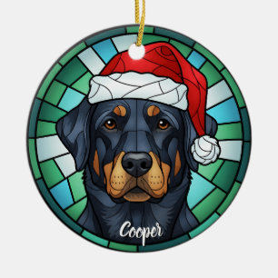 Custom Rottweiler Dog Santa Hat Stained Glass Ceramic Tree Decoration