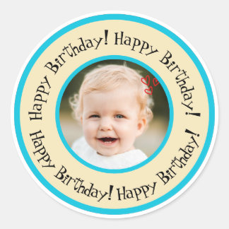 Custom Round Birthday Photo Beige & Turquoise Classic Round Sticker