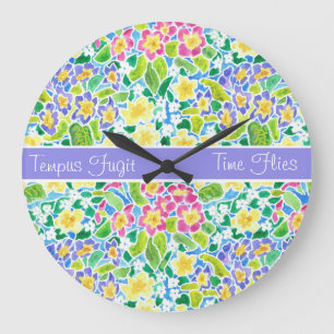 Custom Round Clock, Spring Primroses, Powder Blue Large Clock