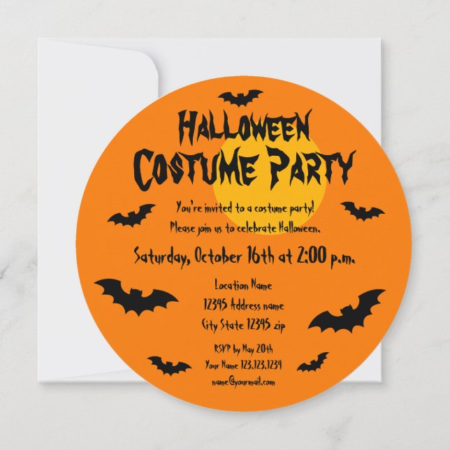 Custom round Halloween costume party invitations (Back)