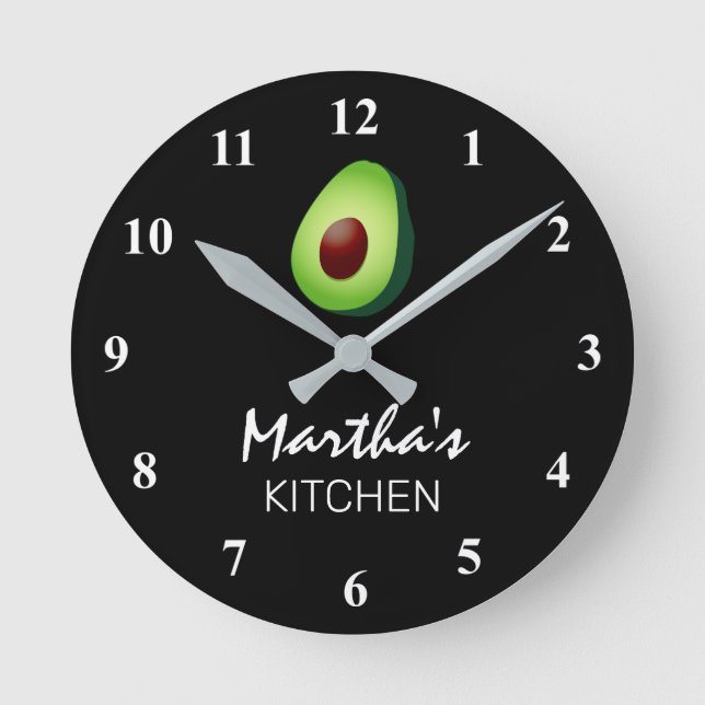 Custom round kitchen wall clock with green avocado (Front)