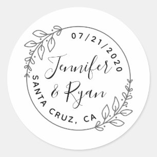 Custom Round Laurel Wreath Wedding Save The Date Classic Round Sticker