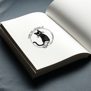 Custom Round Library Cat Bookplate Rubber Stamp