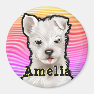 Custom round Magnet Rainbow puppies.