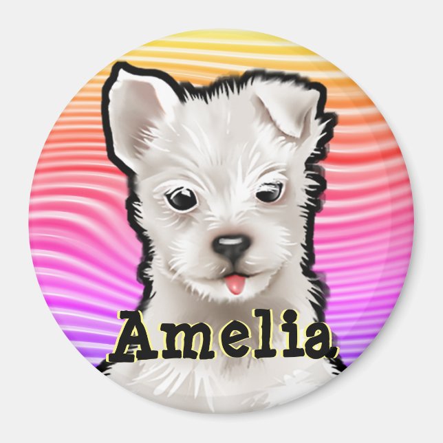 Custom round Magnet Rainbow puppies. (Front)