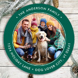 Custom Round Photo Circle Return Address Classic Round Sticker<br><div class="desc">Add the finishing touch to your envelopes, mailings and stationary with these circle custom photo return address labels. Personalised these round return address labels with your favourite photo, pet photo, family photo with dog, names, and address. These modern holiday green return address labels are perfect for the Christmas holiday season....</div>