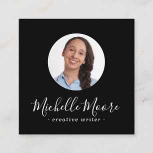 Custom round photo modern feminine black square business card