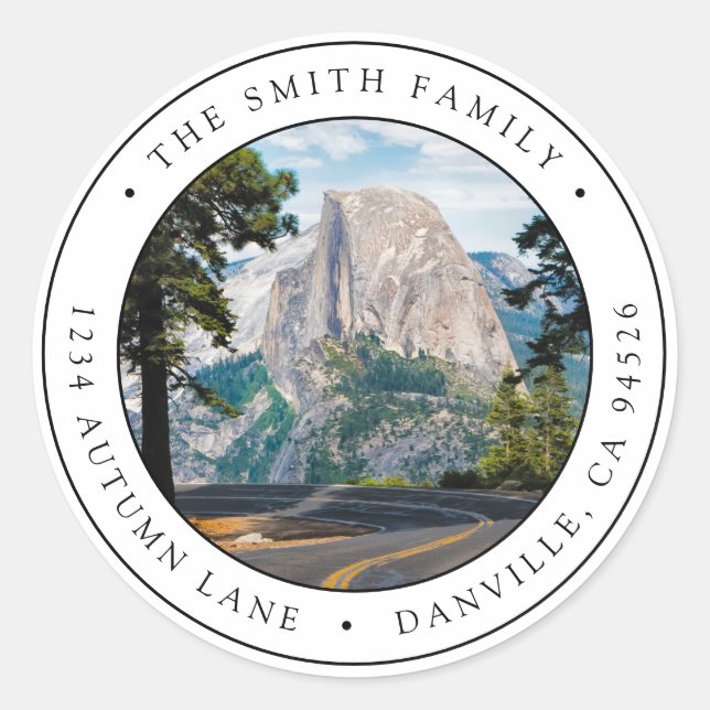 Custom Round Photo Return Address Label | Yosemite (Front)