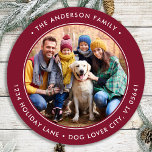 Custom Round Photo Simple Return Address Classic Round Sticker<br><div class="desc">Add the finishing touch to your envelopes, mailings and stationary with these circle custom photo return address labels. Personalised these round return address labels with your favourite photo, pet photo, family photo with dog, names, and address. These modern holiday red return address labels are perfect for the Christmas holiday season....</div>