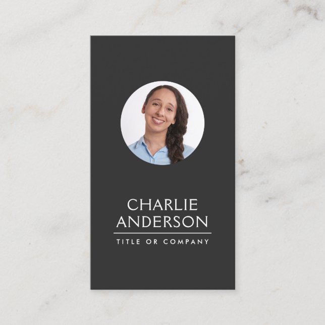 Custom round photo vertical modern dark grey business card (Front)