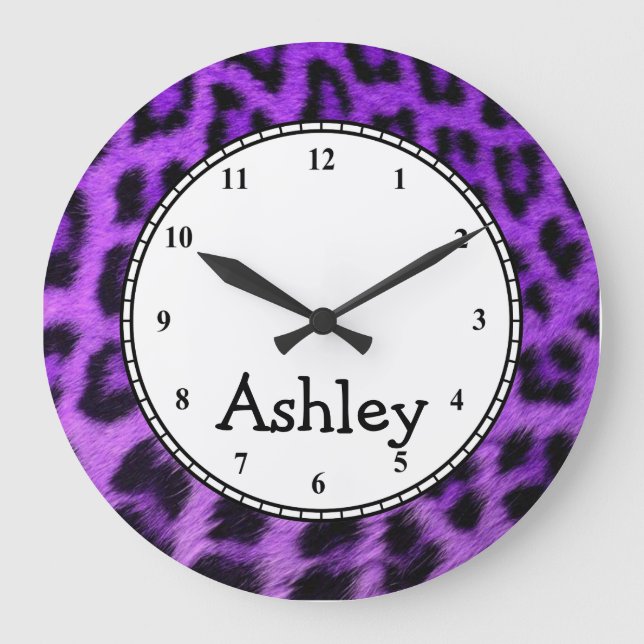 Custom Round Purple Cheetah Large Clock (Front)