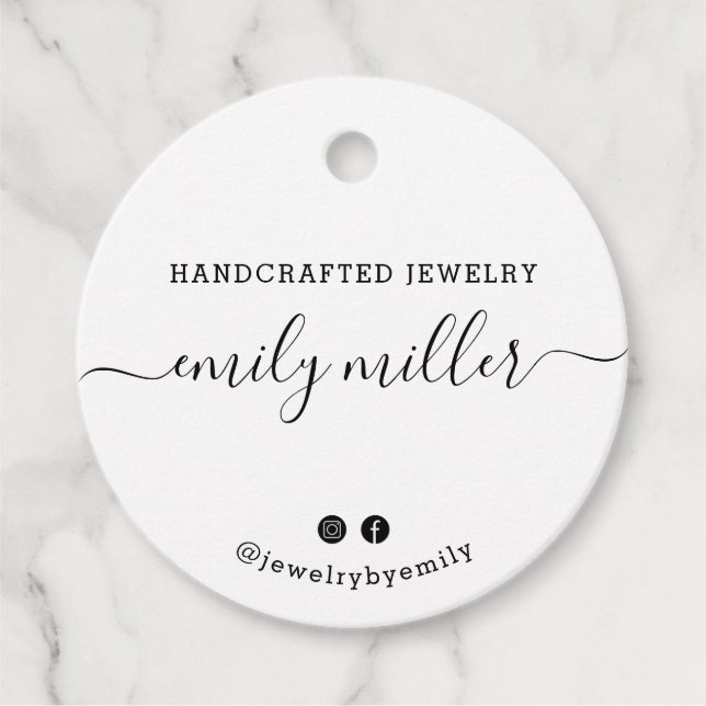 Custom Round White Script Handmade Jewellery Tag (Front)