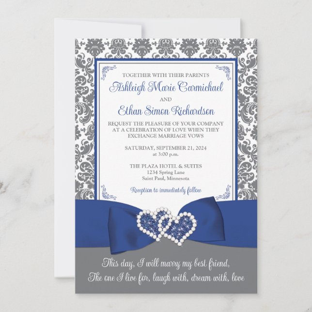 Custom Royal Blue and Grey Wedding Invitation (Front)