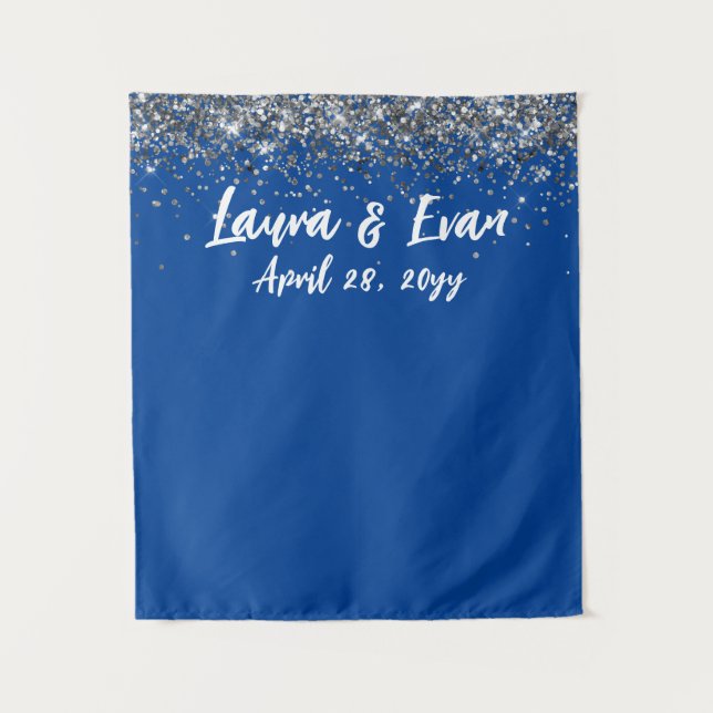 Custom Royal Blue Silver Wedding Photo Booth Prop Tapestry (Front)