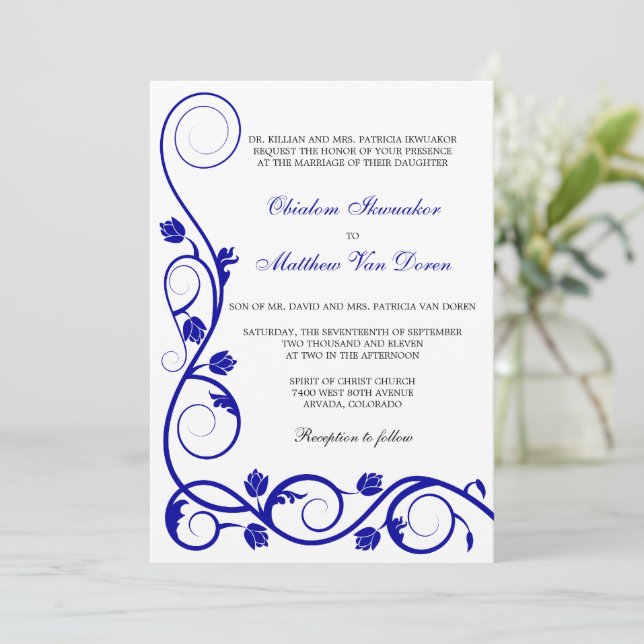 Custom Royal Blue Swirls Wedding Invitation (Standing Front)