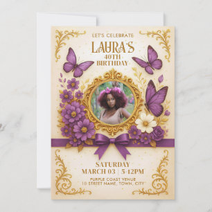 Custom Royal Gold Purple Butterfly Birthday Party Invitation
