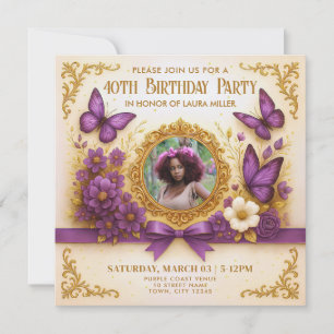 Custom Royal Gold Purple Butterfly Birthday Party Invitation
