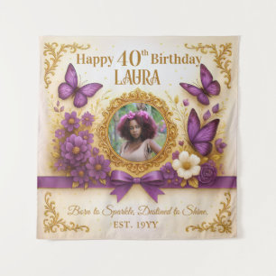 Custom Royal Gold Purple Butterfly Birthday Party Tapestry
