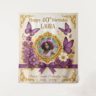 Custom Royal Gold Purple Butterfly Birthday Party Tapestry