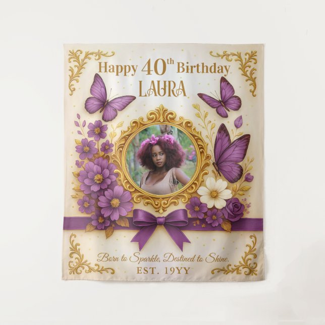 Custom Royal Gold Purple Butterfly Birthday Party Tapestry (Front)