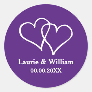 Custom royal purple double heart wedding stickers