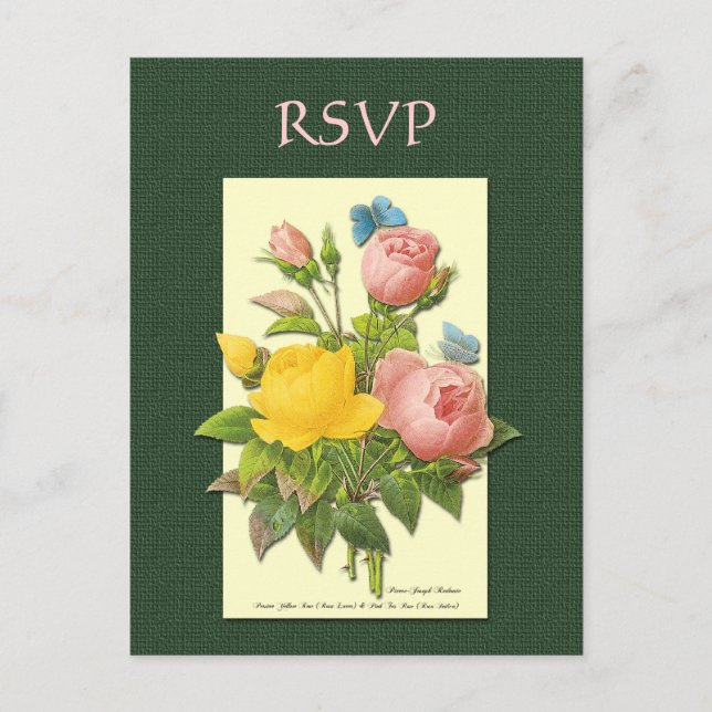 Custom RSVP Botanical Pink Yellow Roses Postcard (Front)