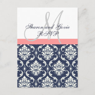 Custom RSVP Navy Damask Wedding Postcard