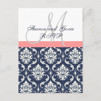 Custom RSVP Navy Damask Wedding Postcard