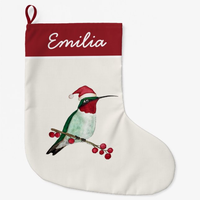 Custom Ruby-throated Hummingbird Large Christmas Stocking (Front)