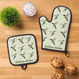 Custom Ruby-throated Hummingbird Oven Mitt & Pot Holder Set