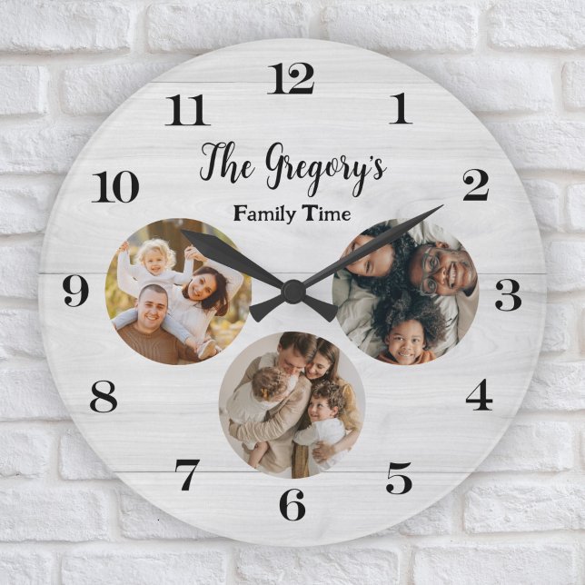 Custom Rustic 3 Photo Collage Fun Family Time Large Clock (Creator Uploaded)