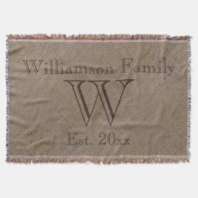 Custom Rustic Burlap-Look Family Keepsake Afghan Throw Blanket (Front)