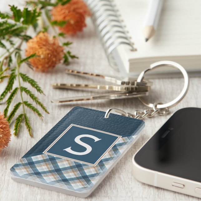 Custom Rustic Dark Blue Brown Stripe Plaid Pattern Key Ring (Front Right)