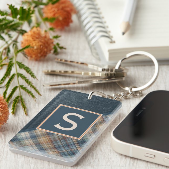 Custom Rustic Dark Teal Blue Stripe Plaid Pattern Key Ring (Front Right)