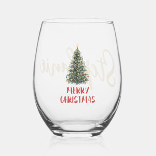 Custom Rustic Elegant Christmas Tree Stemless Wine Glass