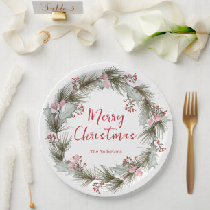 Custom Rustic Elegant Watercolor Christmas Wreath  Paper Plate