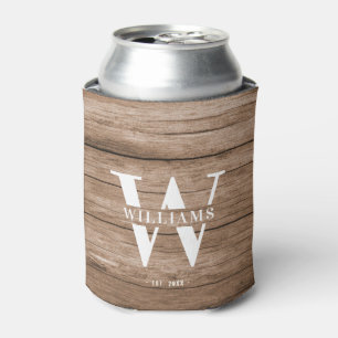 Custom Rustic Farmhouse Family Monogram Name Wood Can Cooler