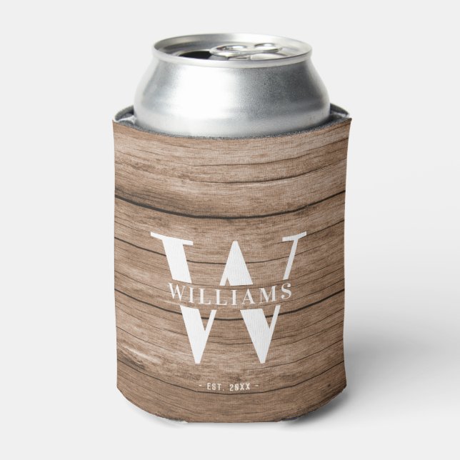 Custom Rustic Farmhouse Family Monogram Name Wood Can Cooler (Can Front)