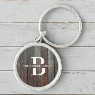 Custom Rustic Farmhouse Family Monogram Name Wood Key Ring