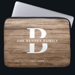 Custom Rustic Farmhouse Family Name Wood Laptop Sleeve<br><div class="desc">This modern,  rustic laptop sleeve features your family monogram and name over a faux medium brown wood backdrop in a retro cool typography design. Customise with your family name and initial and make this your own.</div>