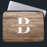 Custom Rustic Farmhouse Family Name Wood Laptop Sleeve<br><div class="desc">This modern,  rustic laptop sleeve features your family monogram and name over a faux medium brown wood backdrop in a retro cool typography design. Customise with your family name and initial and make this your own.</div>