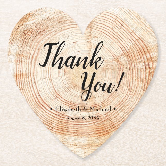 Custom Rustic Faux Wood Thank You Wedding Paper Coaster (Front)