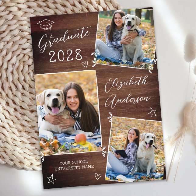 Custom Rustic Graduate 3 Photo Doodle Graduation Invitation (Creator Uploaded)