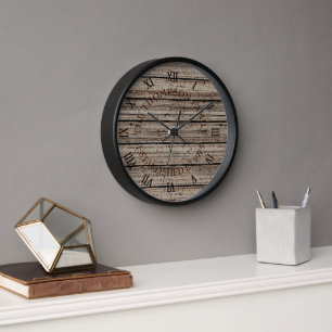 Custom Rustic Grey Brown Weathered Plank Pattern Clock