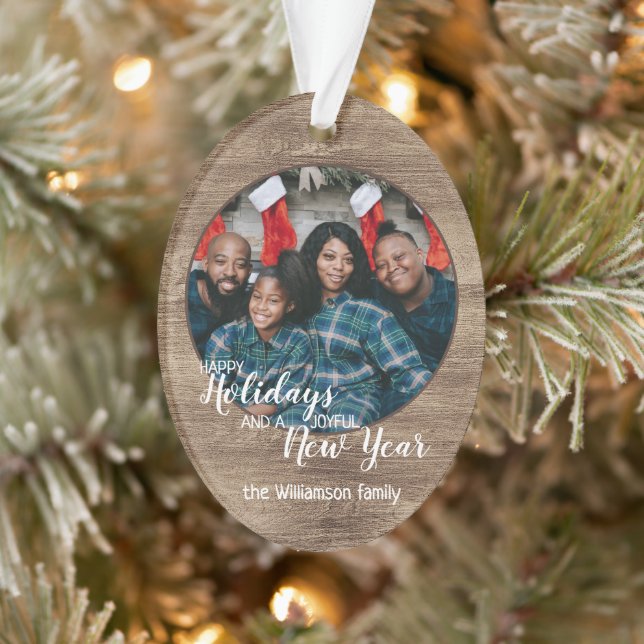 Custom Rustic Holiday Season Greeting Design Ornament (Tree)
