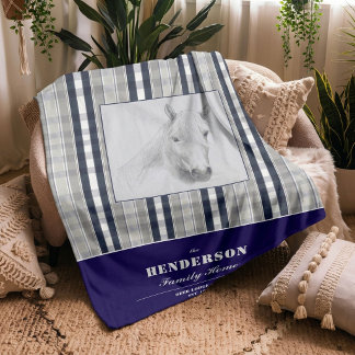 Custom Rustic Horse Family Name Navy Blue Plaid  Fleece Blanket
