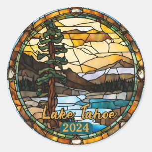 Custom Rustic Lake Tahoe Faux Stained Glass  Classic Round Sticker