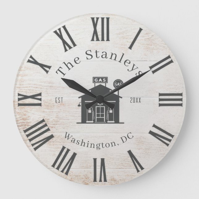 Custom Rustic Modern Gas Station Family Name Large Clock (Front)