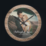 Custom Rustic Modern Wedding Photo Script Round Clock<br><div class="desc">Rustic Modern Wedding photo wall clock with a pretty romantic hand lettered script design, your custom names and favourite photo. Great gift for newlyweds, an anniversary or Valentine's Day! The farmhouse style wood panel textured background make it a great addition to any fixer upper style home decor, a family cottage...</div>