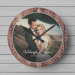 Custom Rustic Modern Wedding Photo Script Wood Round Clock<br><div class="desc">Rustic Modern Wedding photo wall clock with a pretty romantic hand lettered script design, your custom names and favourite photo. Great gift for newlyweds, an anniversary or Valentine's Day! The farmhouse style dark wood panel textured background make it a great addition to any fixer upper style home decor, a family...</div>